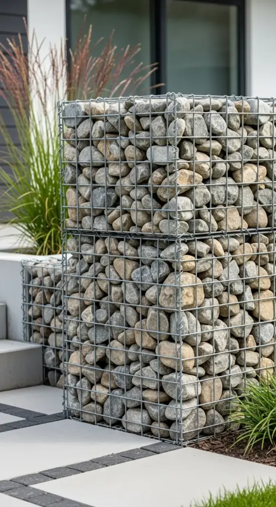A contemporary garden fence constructed from gabion baskets filled with various sizes of natural river stones, creating a sturdy and textural boundary. Lush green and tall ornamental grasses are planted nearby, highlighting modern and sustainable "Garden Fence Ideas."