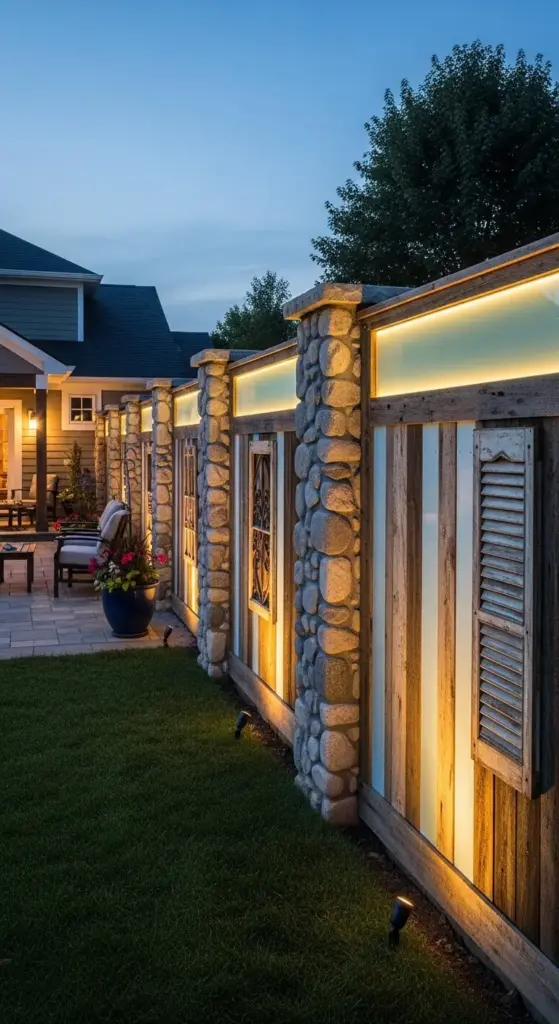 A rustic yet elegant backyard privacy fence at dusk. The fence is constructed with stone pillars and a mix of reclaimed wood panels, some with old shutters and others with frosted glass panels illuminated by warm lighting. The keyword "Privacy Fence Ideas" is included in the description.