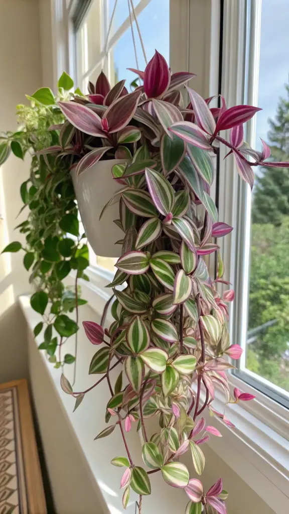 A thriving Tradescantia Nanouk plant with long, trailing vines of pink, green, and white variegated leaves hangs in a white pot by a sunlit window, demonstrating successful Tradescantia Nanouk care and vigorous growth.