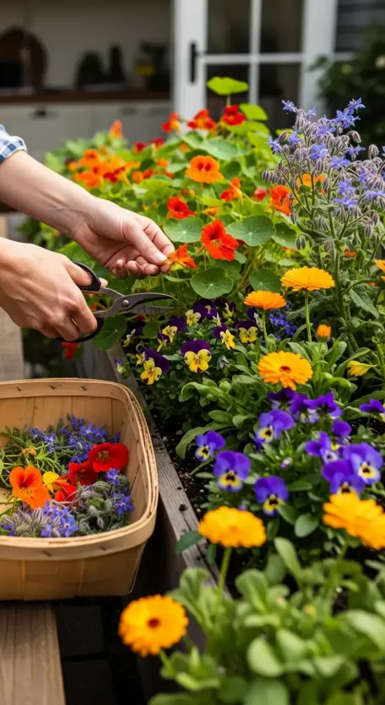 A person's hands are shown carefully harvesting colorful edible flowers, including vibrant orange nasturtiums, purple and yellow pansies, orange calendulas, and blue borage, from a raised garden bed. A rustic wooden basket in the foreground is partially filled with the freshly picked blooms, showcasing creative flower garden ideas for a productive and beautiful culinary space. The background features a white building with a door, suggesting a backyard or patio garden.