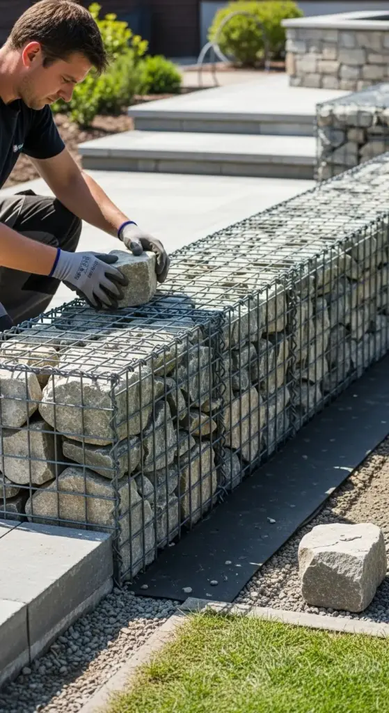 A person constructing a gabion wall filled with stones, illustrating innovative and durable garden edging ideas for landscaping and retaining walls.