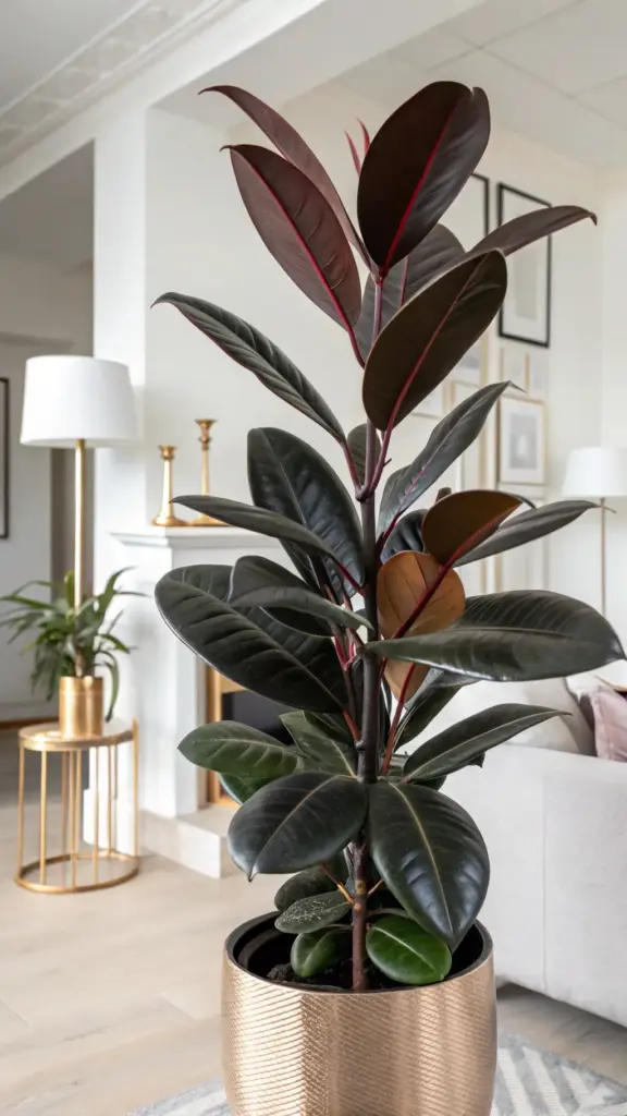 A striking Ficus elastica 'Abidjan' rubber plant with dark, glossy leaves in a gold pot, showcasing one of the elegant rubber plant varieties often used for home decor.