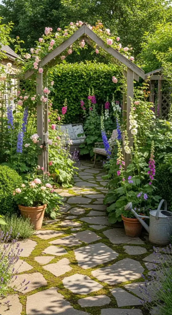A whimsical cottage garden path, part of an enchanting backyard patio design, framed by a rustic wooden arbor overflowing with climbing roses. The keyword "Backyard Patio Designs" is integrated to describe the scene, which features flagstone pavers with moss growing between them, leading to a secluded bench nestled among a lush variety of flowers like foxgloves and delphiniums. The space is romantic and full of natural charm.