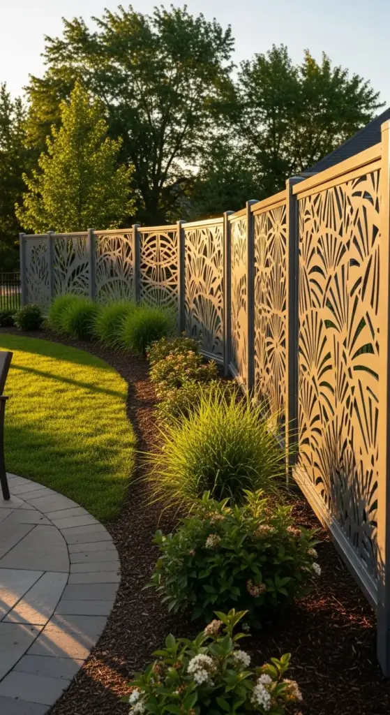 A stylish and decorative garden fence at sunset, featuring metal panels with intricate cut-out patterns that create a beautiful visual effect as the light shines through. The fence curves along a well-maintained lawn and garden bed with various shrubs, showcasing creative "Garden Fence Ideas."