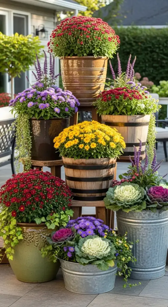 A charming autumn display features creative flower garden ideas with an assortment of vibrant chrysanthemums in shades of red, yellow, and purple, along with ornamental kale and trailing plants. The flowers are arranged in various pots, including rustic wooden barrels, decorative ceramic planters, and galvanized metal buckets, creating a tiered and visually appealing display on a patio. The background shows outdoor furniture and a lush garden setting.
