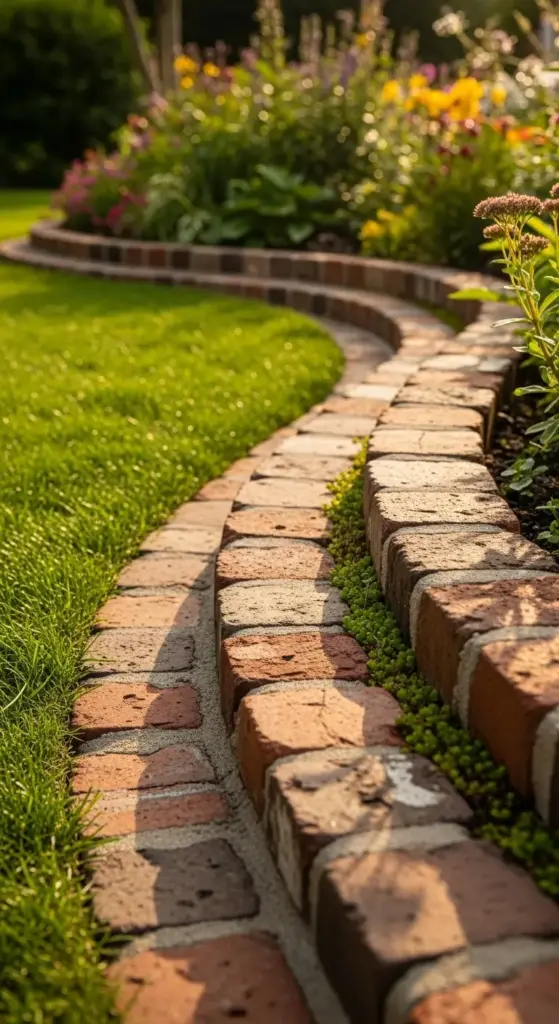 Curved brick garden edging creates a charming border between a vibrant green lawn and a flower bed, showcasing classic and elegant garden edging ideas.
