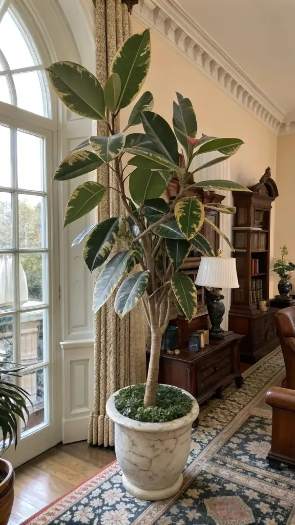 A large, established variegated rubber plant (Ficus elastica) in a classic marble planter, demonstrating the mature size some rubber plant varieties can achieve indoors.