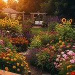 An inviting backyard flower garden is filled with a variety of colorful blooms, including bright yellow sunflowers, orange and pink zinnias, and purple salvia, creating a lush, vibrant landscape. The garden path leads towards a cozy seating area under a wooden pergola, offering inspiration for beautiful backyard flower garden ideas.