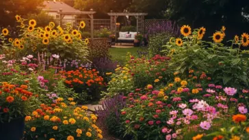 An inviting backyard flower garden is filled with a variety of colorful blooms, including bright yellow sunflowers, orange and pink zinnias, and purple salvia, creating a lush, vibrant landscape. The garden path leads towards a cozy seating area under a wooden pergola, offering inspiration for beautiful backyard flower garden ideas.