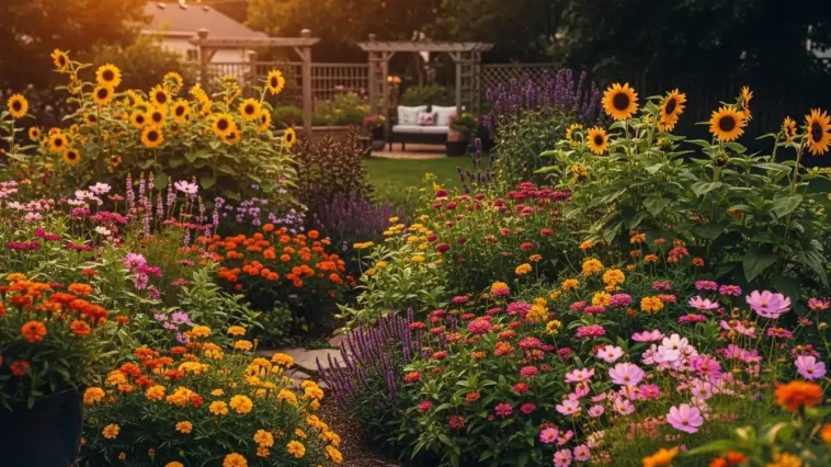 An inviting backyard flower garden is filled with a variety of colorful blooms, including bright yellow sunflowers, orange and pink zinnias, and purple salvia, creating a lush, vibrant landscape. The garden path leads towards a cozy seating area under a wooden pergola, offering inspiration for beautiful backyard flower garden ideas.