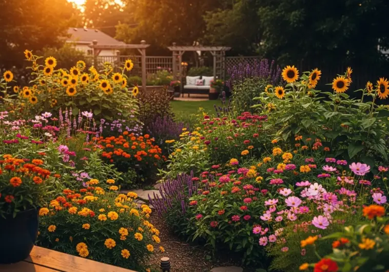 An inviting backyard flower garden is filled with a variety of colorful blooms, including bright yellow sunflowers, orange and pink zinnias, and purple salvia, creating a lush, vibrant landscape. The garden path leads towards a cozy seating area under a wooden pergola, offering inspiration for beautiful backyard flower garden ideas.