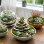 A beautifully arranged collection of four different dish gardens on a wooden table. The gardens feature a variety of succulents, air plants, and moss, with decorative pebbles and miniature figurines.