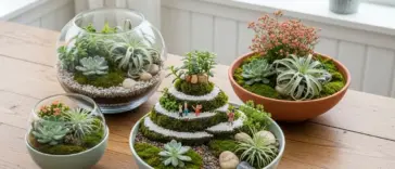 A beautifully arranged collection of four different dish gardens on a wooden table. The gardens feature a variety of succulents, air plants, and moss, with decorative pebbles and miniature figurines.