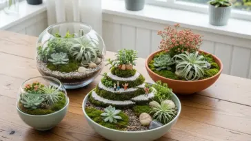 A beautifully arranged collection of four different dish gardens on a wooden table. The gardens feature a variety of succulents, air plants, and moss, with decorative pebbles and miniature figurines.