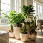 Stylish interior featuring a collection of indoor plants in modern white and gold plant pot designs, including a large Monstera, fiddle-leaf fig, and snake plants, positioned by a bright window.