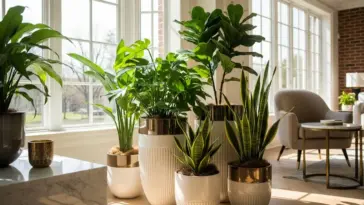 Stylish interior featuring a collection of indoor plants in modern white and gold plant pot designs, including a large Monstera, fiddle-leaf fig, and snake plants, positioned by a bright window.