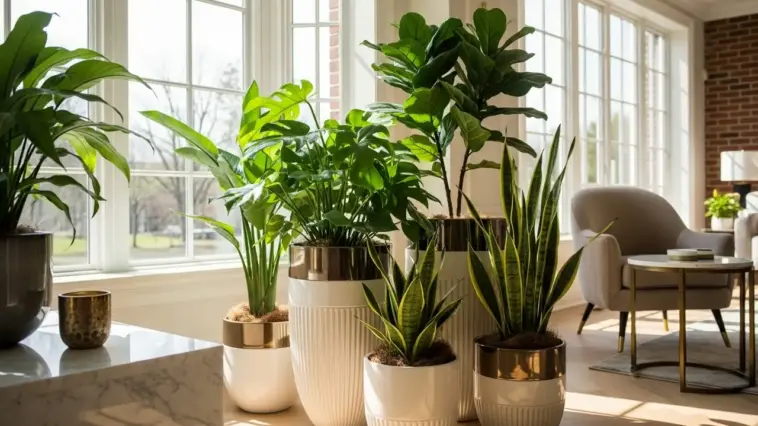 Stylish interior featuring a collection of indoor plants in modern white and gold plant pot designs, including a large Monstera, fiddle-leaf fig, and snake plants, positioned by a bright window.