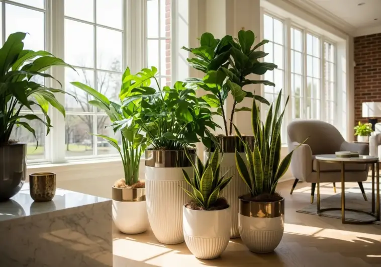 Stylish interior featuring a collection of indoor plants in modern white and gold plant pot designs, including a large Monstera, fiddle-leaf fig, and snake plants, positioned by a bright window.