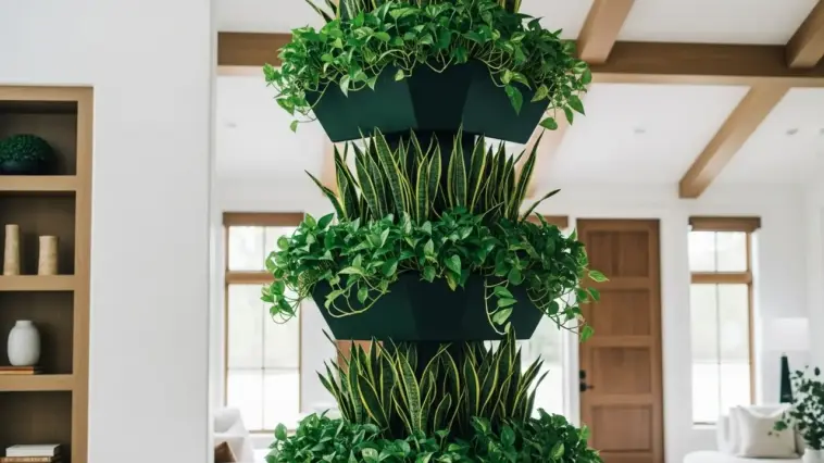Green vertical garden with a three-tiered black planter system, featuring snake plants and pothos. This image is a great example of plant wall ideas indoor for modern home decor, adding natural elements and texture to a living space.