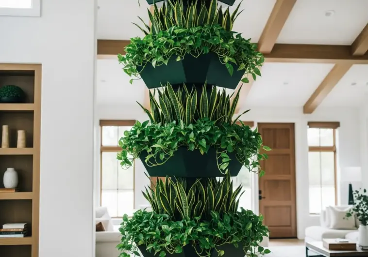 Green vertical garden with a three-tiered black planter system, featuring snake plants and pothos. This image is a great example of plant wall ideas indoor for modern home decor, adding natural elements and texture to a living space.