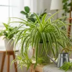 A beautiful spider plant with long, variegated green and white leaves sits in a white pot on a wooden table, next to a small, galvanized watering can. This image illustrates effective spider plant care, as the plant appears healthy and vibrant with new offshoots. The background shows a bright, sunlit room, suggesting a suitable environment for the plant.