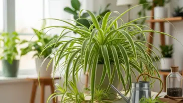 A beautiful spider plant with long, variegated green and white leaves sits in a white pot on a wooden table, next to a small, galvanized watering can. This image illustrates effective spider plant care, as the plant appears healthy and vibrant with new offshoots. The background shows a bright, sunlit room, suggesting a suitable environment for the plant.