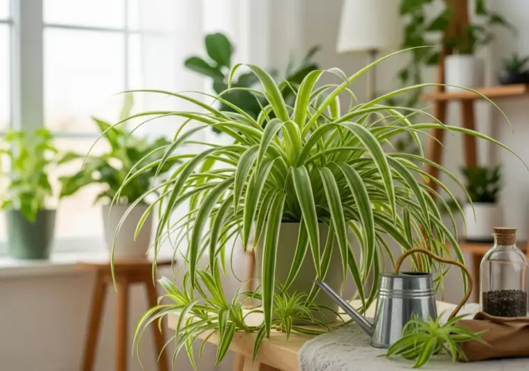 A beautiful spider plant with long, variegated green and white leaves sits in a white pot on a wooden table, next to a small, galvanized watering can. This image illustrates effective spider plant care, as the plant appears healthy and vibrant with new offshoots. The background shows a bright, sunlit room, suggesting a suitable environment for the plant.