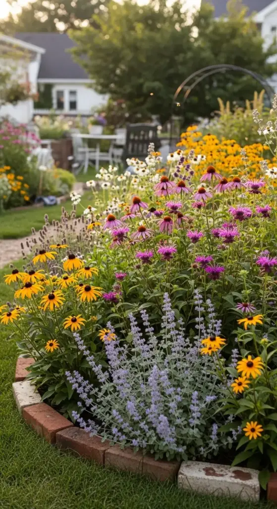 A close-up view of a vibrant backyard flower garden with a raised brick border, showcasing a beautiful mix of purple coneflowers, yellow black-eyed Susans, and silvery-lavender catmint, providing excellent inspiration for backyard flower garden ideas. In the background, a paved patio with a dining table and chairs can be seen, hinting at a complete outdoor living space.