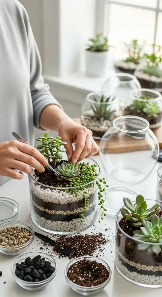 A person carefully arranging succulents in a layered glass dish garden, showcasing the process of creating a beautiful and unique indoor plant arrangement.