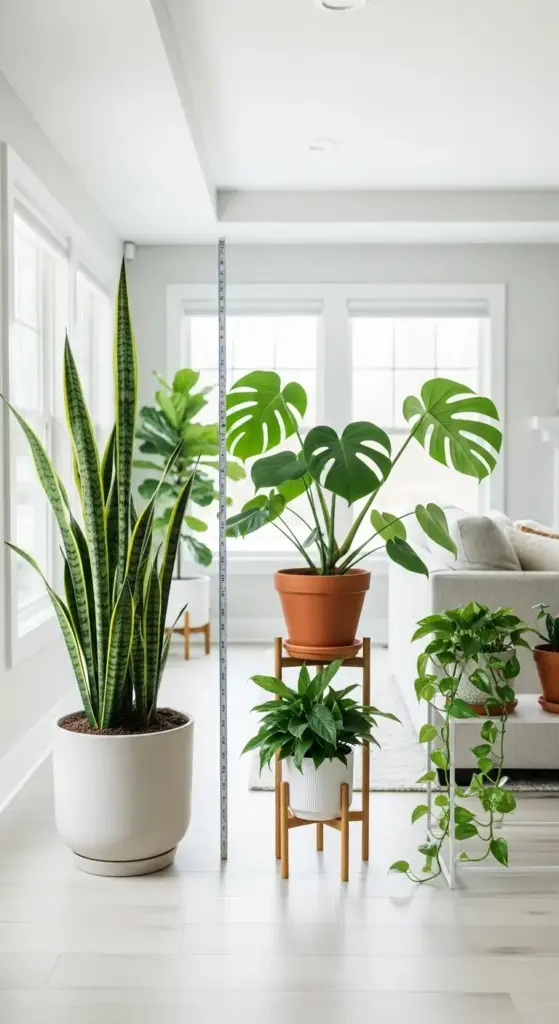 Indoor scene showcasing various plant pot designs and styles, including a large snake plant in a simple white cylindrical pot, a Monstera deliciosa in a classic terracotta pot on a wooden stand, and a trailing pothos.