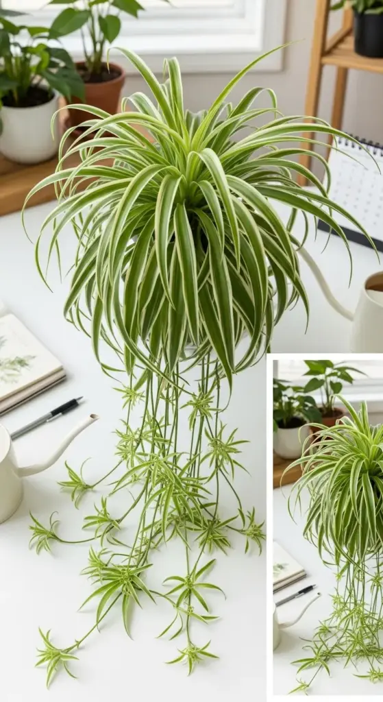 A full view of a healthy, mature spider plant with multiple long runners, each with new plantlets, overflowing from a white pot on a white desk. A smaller, inset image shows a close-up of the plant from the side. This image demonstrates successful spider plant care, highlighting the plant's propagation and robust growth. The surrounding items include a notebook, pen, and a watering can, suggesting a dedicated workspace for plant care.