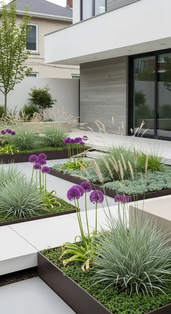 A sleek, modern backyard garden features geometric raised beds with low-maintenance plantings, including striking purple allium flowers and various ornamental grasses. The clean lines of the concrete patio and planters contrast beautifully with the organic shapes of the plants, offering minimalist backyard flower garden ideas for contemporary homes.