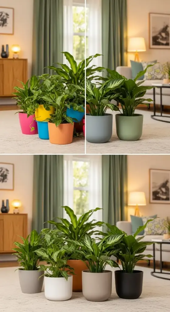A composite image displaying a variety of indoor plants, highlighting different plant pot designs and colors, from vibrant yellow, pink, and blue pots to a more neutral palette of grey, white, terracotta, and black.