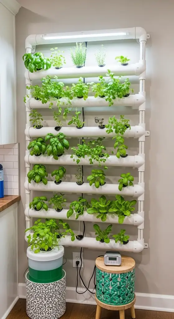 A large hydroponic vertical garden system, built from white PVC pipes, is mounted on a gray wall. The system features multiple tiers of various herbs and leafy greens growing under a long LED grow light, showcasing a functional and innovative approach to plant wall ideas indoor, perfect for a kitchen or small space.