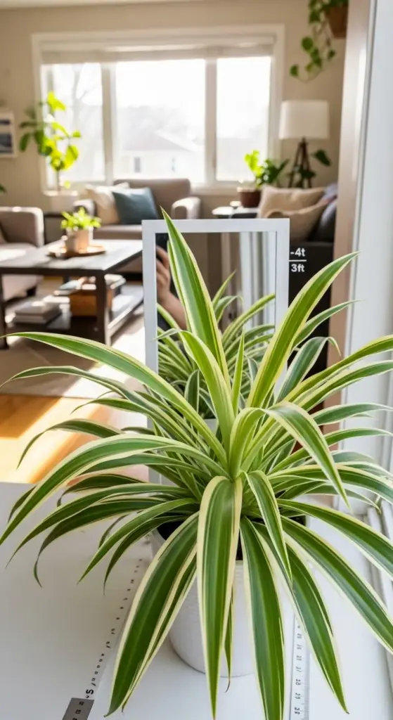 A spider plant with green and white variegated leaves is positioned on a white surface, with a small mirror reflecting its backside. The background shows a well-lit living room, suggesting an ideal indoor environment for the plant. The plant appears healthy, indicating proper spider plant care. A ruler is visible near the base of the plant, potentially for tracking its growth.