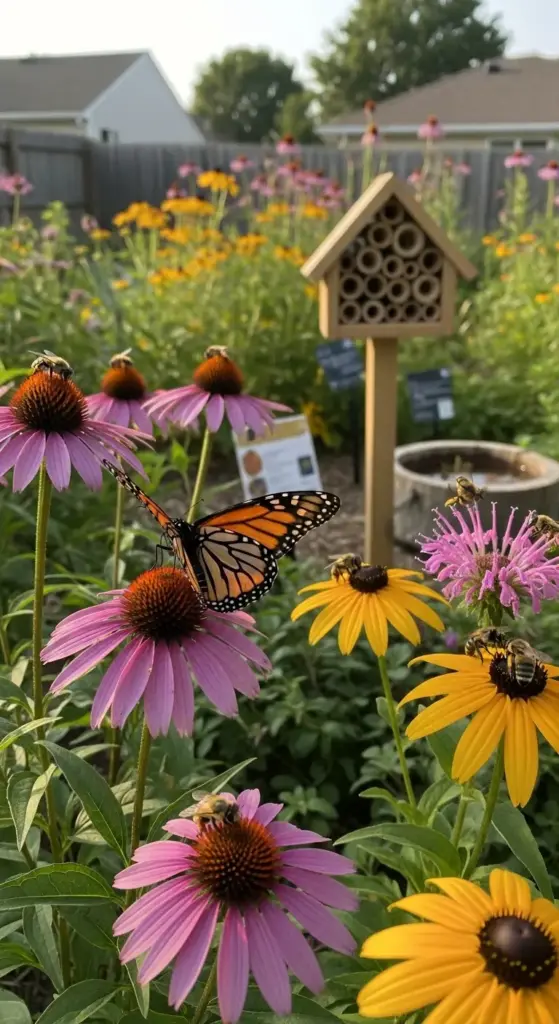 A beautiful monarch butterfly and several bees are seen pollinating vibrant purple coneflowers and yellow black-eyed Susans in a thriving backyard garden. A wooden bee hotel is visible in the background, highlighting sustainable backyard flower garden ideas focused on supporting local wildlife and pollinators.