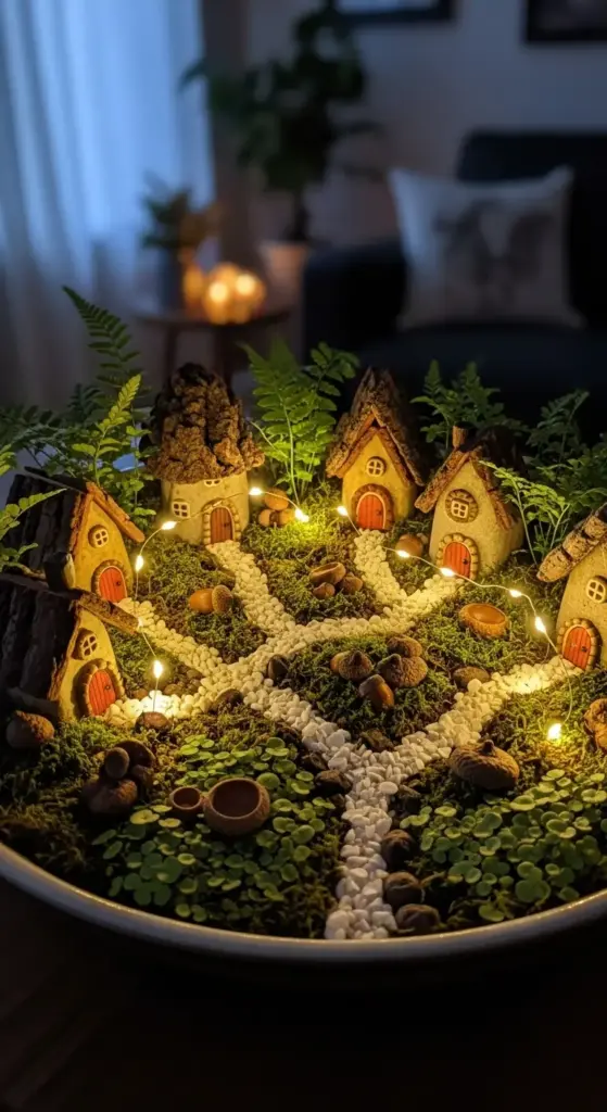 A close-up of a whimsical fairy garden dish garden lit up with miniature string lights. The enchanted scene features small cottage houses with red doors, a winding white pebble path, and lush green moss and fern plants.