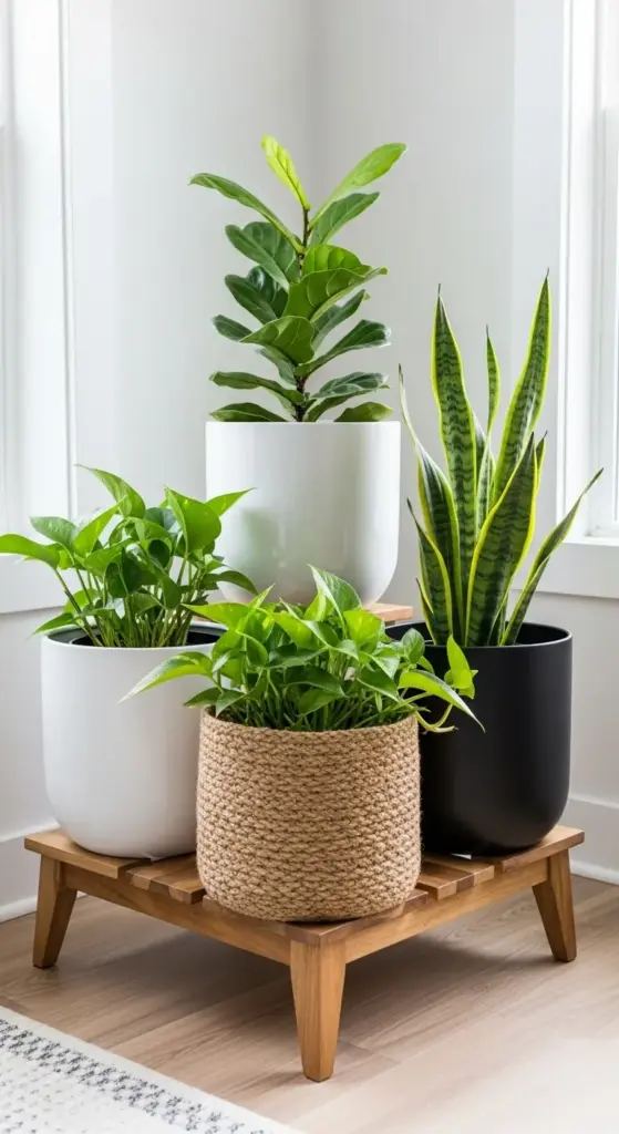 A stylish grouping of houseplants on a wooden stand, showcasing various plant pot designs, including two glossy white ceramic pots, a matte black pot, and a woven basket-style pot holding a trailing pothos.