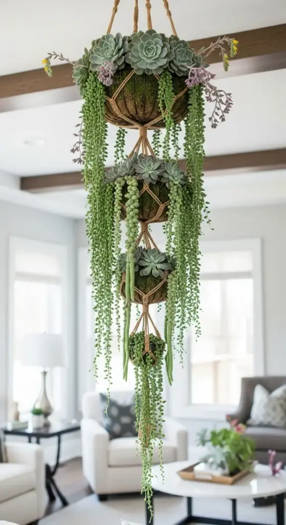 A four-tiered macrame hanging planter system is suspended from the ceiling. It holds a variety of cascading succulents, including String of Pearls, Donkey's Tail, and Echeveria, creating a unique display for plant wall ideas indoor that adds a bohemian and natural touch to a living room.