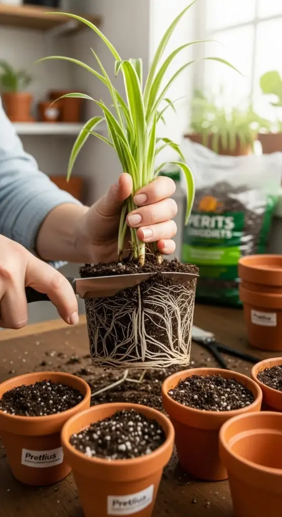 A person is repotting a spider plant, holding the plant and its compact root ball over a wooden table. A knife is being used to carefully loosen the roots, a key step in spider plant care. Several small terracotta pots filled with fresh soil and a bag of potting mix are visible in the background, illustrating the process of repotting and plant propagation.