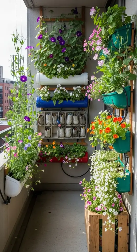 A narrow apartment balcony is transformed into a beautiful vertical garden with a mix of colorful flowers, including purple morning glories and bright orange nasturtiums. Various repurposed containers, such as wall-mounted planters and a shoe organizer, demonstrate creative and space-saving backyard flower garden ideas for small urban spaces.