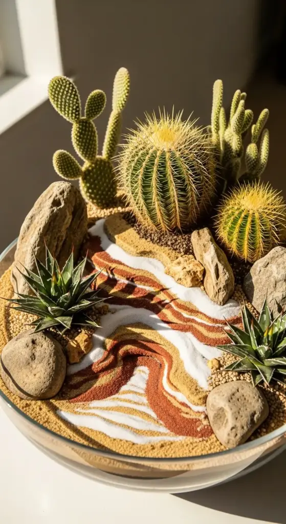 A vibrant desert-themed dish garden featuring a variety of cacti and succulents. The arrangement includes different colored sands creating a striking pattern, and is decorated with natural rocks to mimic a rugged landscape.