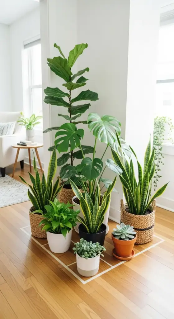 A diverse arrangement of indoor plants on a hardwood floor, highlighting various plant pot designs, including two tall snake plants in woven baskets, a Monstera in a white pot, and succulents in a small terracotta pot and a two-toned pot.