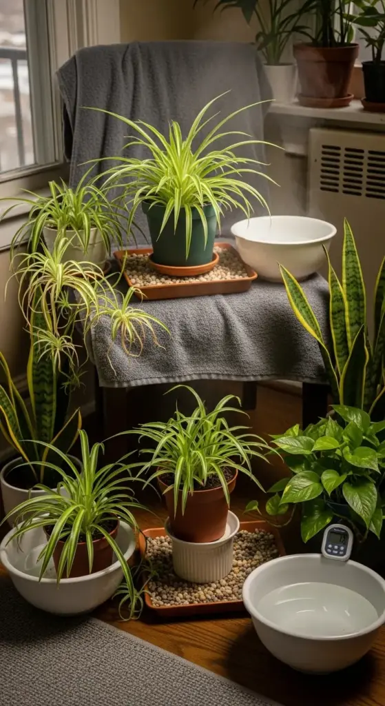 A collection of houseplants, including several spider plants, are arranged on a chair and the floor, with bowls of water and a humidifier in the background. This setup demonstrates a method of providing humidity, an important aspect of spider plant care. The scene is lit to highlight the lush greenery, with other plants like snake plants and a pothos also visible, all benefiting from the humid environment.