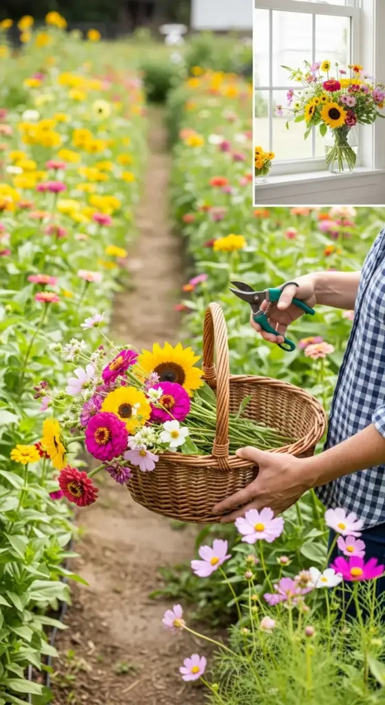 A collage shows a person harvesting a basket of colorful flowers, including sunflowers, pink cosmos, and vibrant zinnias, from a lush backyard cutting garden. The inset image displays a beautiful bouquet arranged on a windowsill, providing practical inspiration and showcasing the rewarding results of cultivating backyard flower garden ideas.