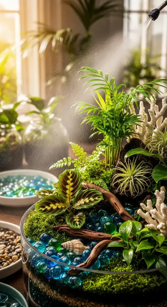 A beautiful tropical dish garden being misted with water, featuring vibrant green foliage, air plants, moss, and blue decorative stones that resemble water. A seashell and white coral pieces complete the lush, humid terrarium-like scene.