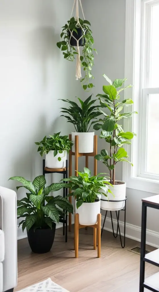 A cozy living room corner with a collection of houseplants, featuring different plant pot designs and stands, including a hanging macrame pot, several white pots on wooden and metal stands, and a large black pot on the floor.