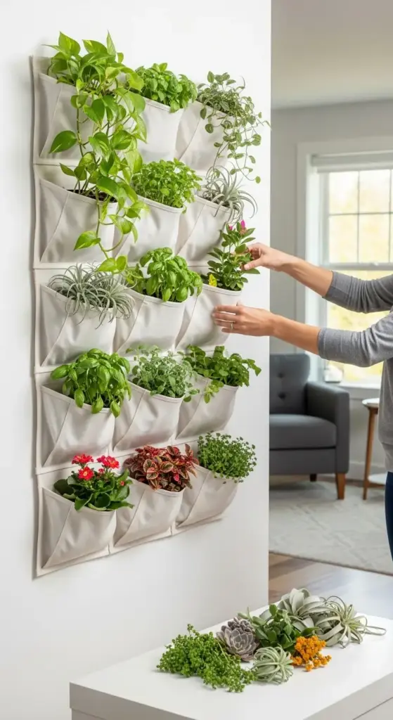A white felt pocket organizer is mounted on a wall, filled with a variety of houseplants and herbs. A person's hands are shown tending to one of the plants, highlighting this functional and easy-to-install option for plant wall ideas indoor. The display includes pothos, basil, and air plants, creating a lush and accessible vertical garden.