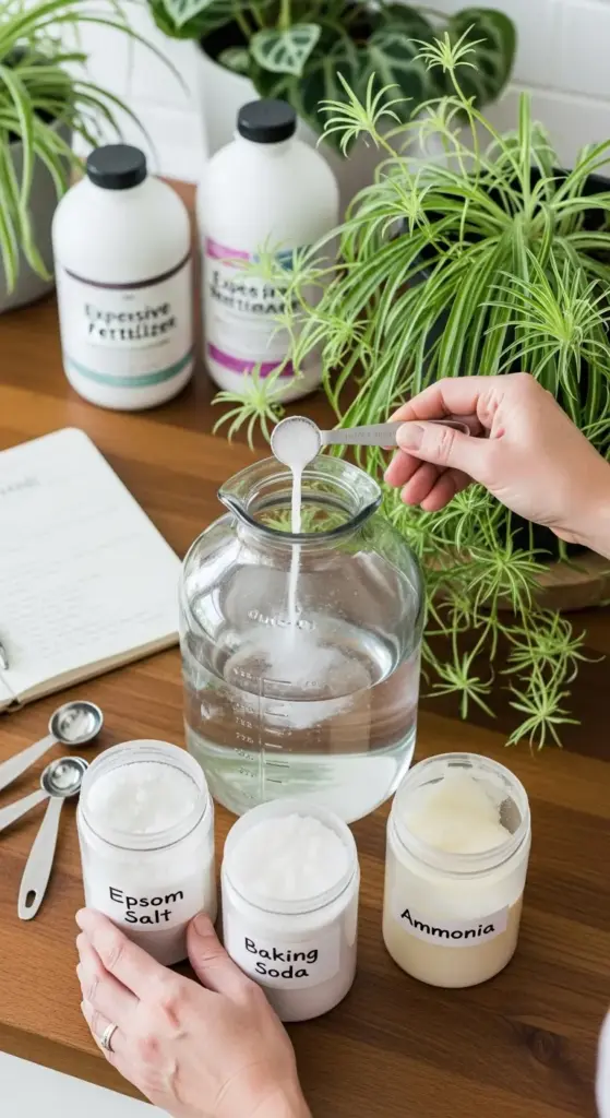 A person is preparing a homemade fertilizer solution for a spider plant, adding a spoonful of a white powder into a glass jar of water. Jars of Epsom salt, baking soda, and ammonia are labeled on the wooden table, demonstrating a specific method of spider plant care. The background shows a healthy spider plant, other houseplants, and bottles of store-bought fertilizers, indicating a focus on plant nutrition.