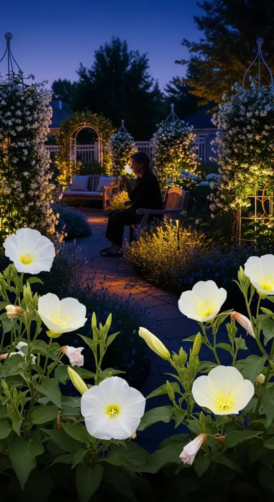 A beautifully lit backyard garden at dusk features white evening primroses in the foreground, with a stone path leading to a serene seating area. Climbing jasmine on trellises and soft landscape lighting create a magical ambiance, offering inspiring backyard flower garden ideas for creating a peaceful nighttime retreat.